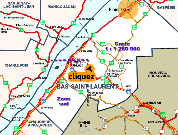Carte du Bas-Saint-Laurent - Cliquer pour voir une carte dtaille en format PDF.