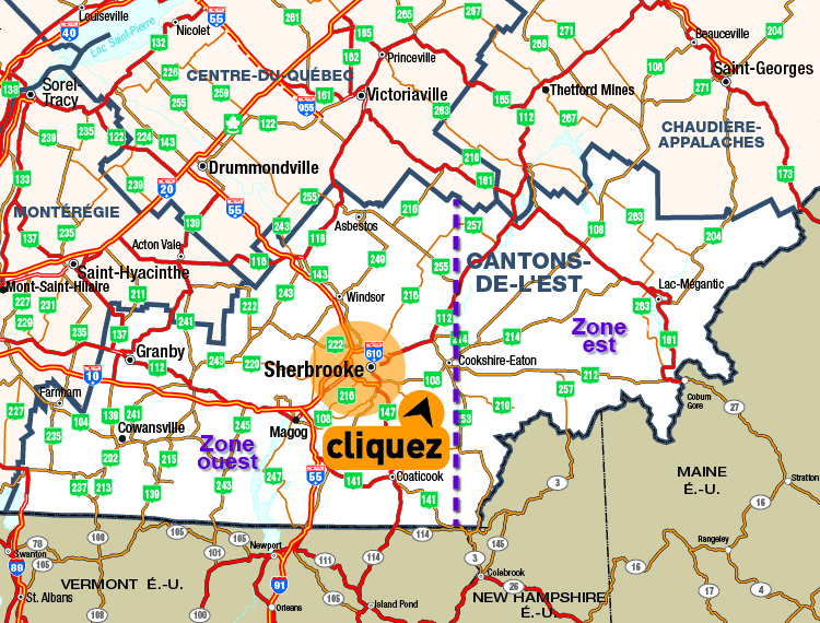 Carte des Cantons-de-l'Est - Cliquer pour voir une carte dtaille en format PDF.