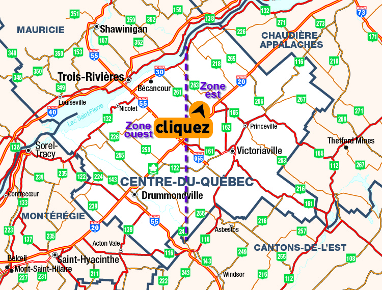 Carte du Centre-du-Qubec - Cliquer pour voir une carte dtaille en format PDF.