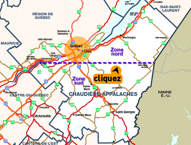 Carte de la rgion Chaudire-Appalaches - Cliquer pour voir une carte dtaille en format PDF.