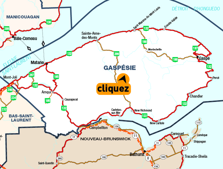 Carte de la Gaspsie - Cliquer pour voir une carte dtaille en format PDF.