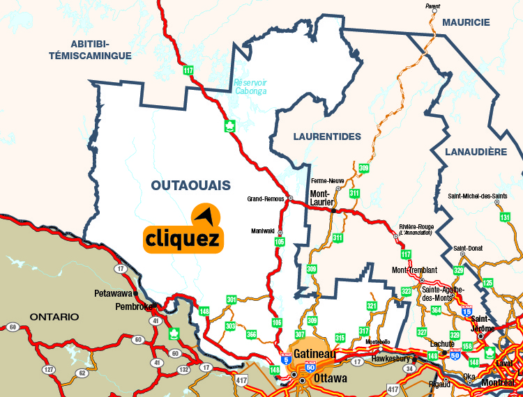 Carte de la rgion de l'Outaouais - Cliquer pour voir une carte dtaille en format PDF.
