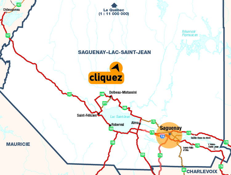Carte de la rgion du Saguenay-Lac-Saint-Jean - Cliquer pour voir une carte dtaille en format PDF.