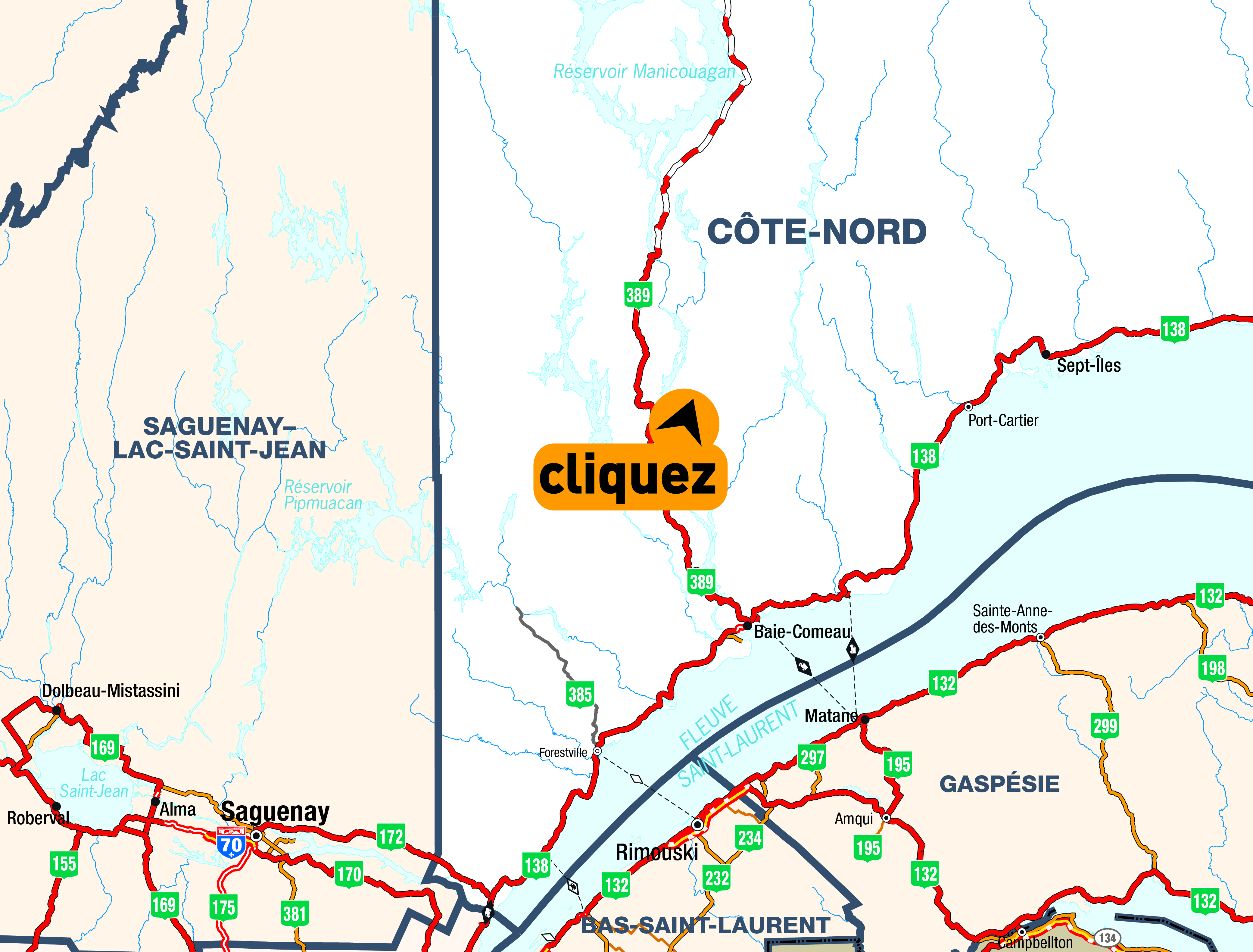 Carte de la rgion de Manicouagan - Cliquer pour voir une carte dtaille en format PDF.