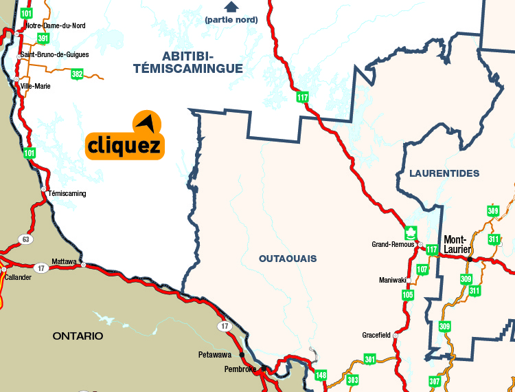 Carte de l'Abitibi-Tmiscamingue (partie sud) - Cliquer pour voir une carte dtaille en format PDF.