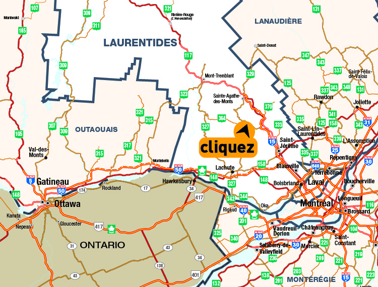 Carte de la rgion des Laurentides (sud) - Cliquer pour voir une carte dtaille en format PDF.