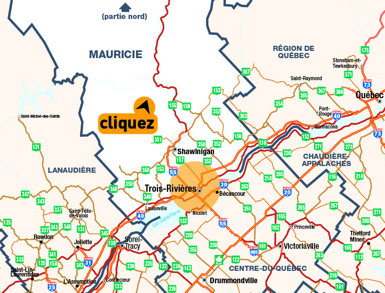 Carte de la rgion de la Mauricie (sud) - Cliquer pour voir une carte dtaille en format PDF.